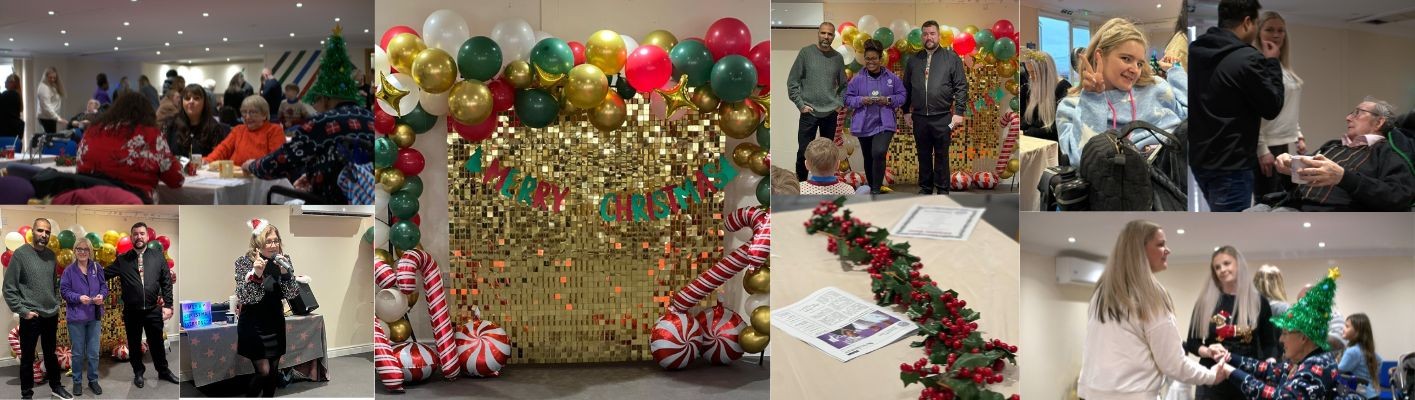 Collage of people socializing at a festive indoor event with holiday decorations, balloons, and a gold sequin backdrop during the Home Care Xmas Awards 2026.